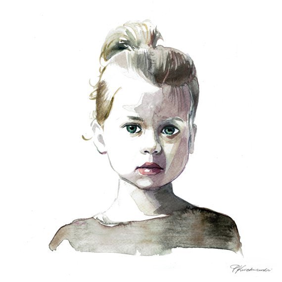 Little girl painted in water color. 