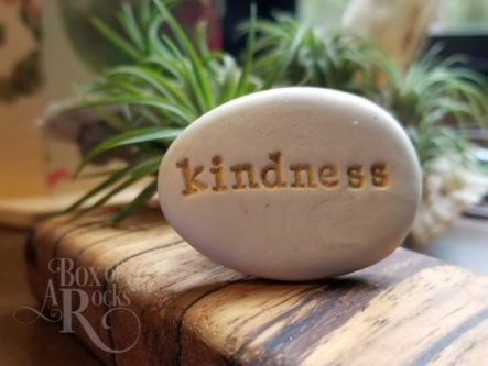 Oval shaped stone that says kindness in yellow font. 