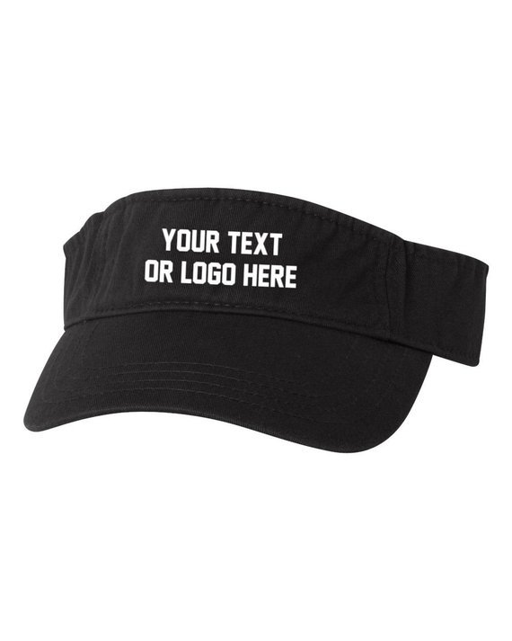 Black custom visor hat with white font that says "your text or logo here". 
