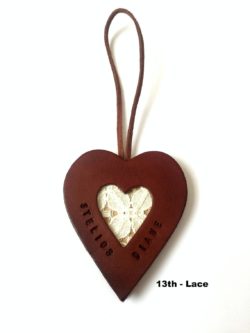 Lace and leather heart shaped ornament for him on your 13th anniversary