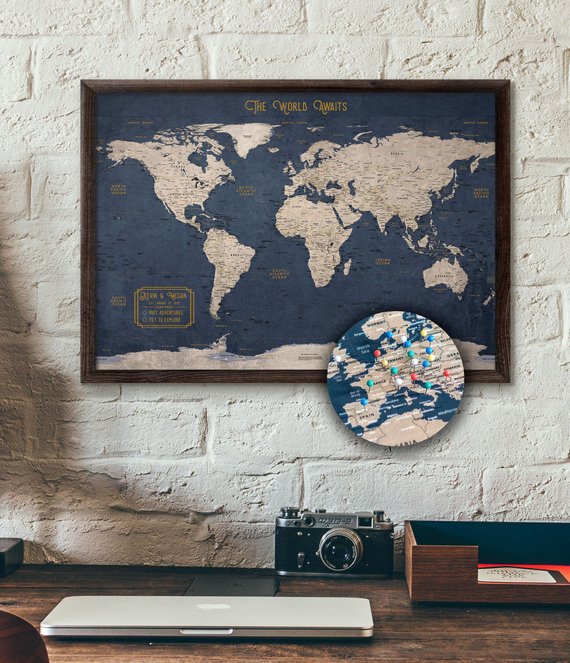 Father’s Day Gifts For Executives - push pin map of the world in blue and tan. 