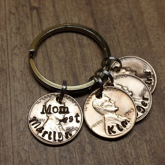 Silver keyring with four penny charms on it. 