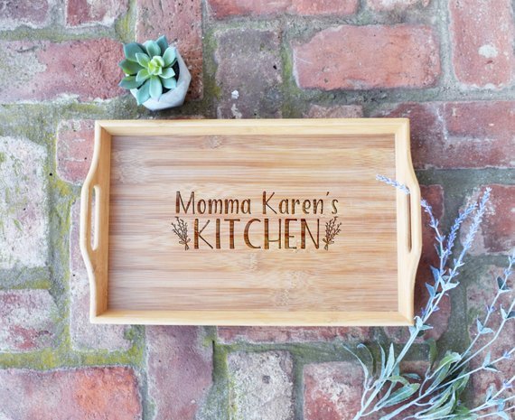 Wooden custom serving tray that says 
