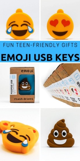 Get one of these super fun and super cute #teen gift ideas. These #emoji USB keys make an excellent stocking stuffer, or a fun, personalized gift idea for the social media lover in your life. #birthday #giftguide #accessories