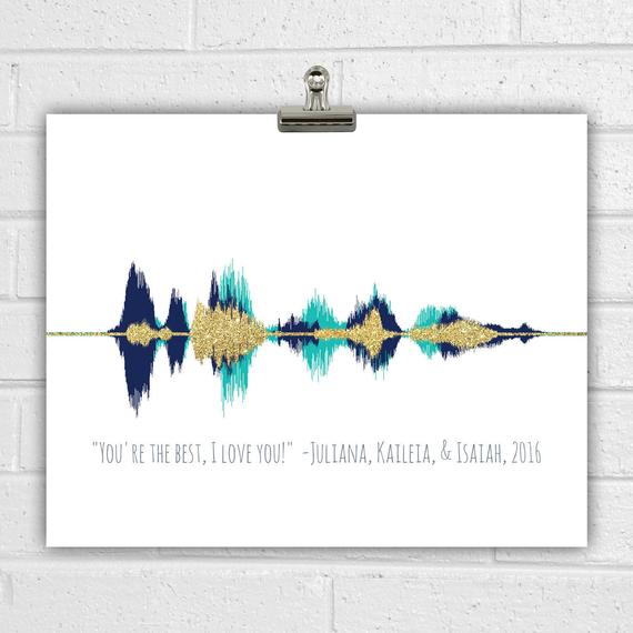 White art print with a sound wave on it in blue, gold, and light blue. 