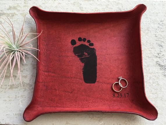 Fathers Day Gifts for Grandpa From Baby - Red leather shaped dish with a black footprint in it. 