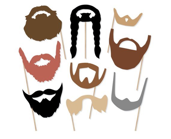 nine different mustaches and beards on sticks. 