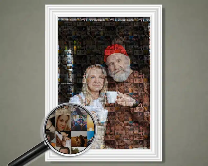 White framed mosaic collage made out of photos to look like a married couple. 