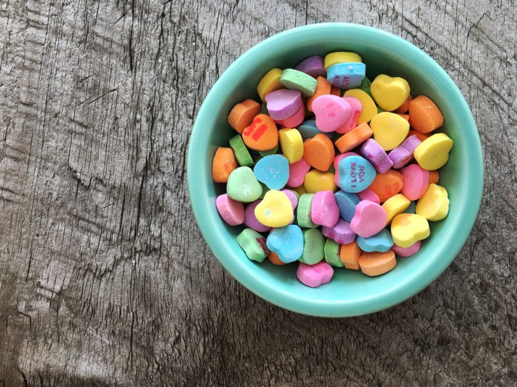 Valentine's Day candy in a pastel bowl