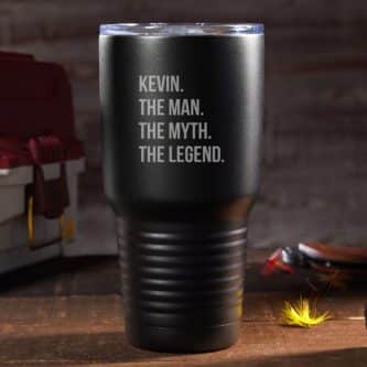 The man, the myth, the legend personalized travel mug in black.
