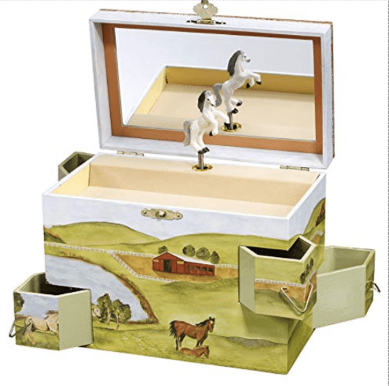 Horse musical jewelry box. Box with green fields, barn and horses painted on and a white horse charm that moves when opened. 
