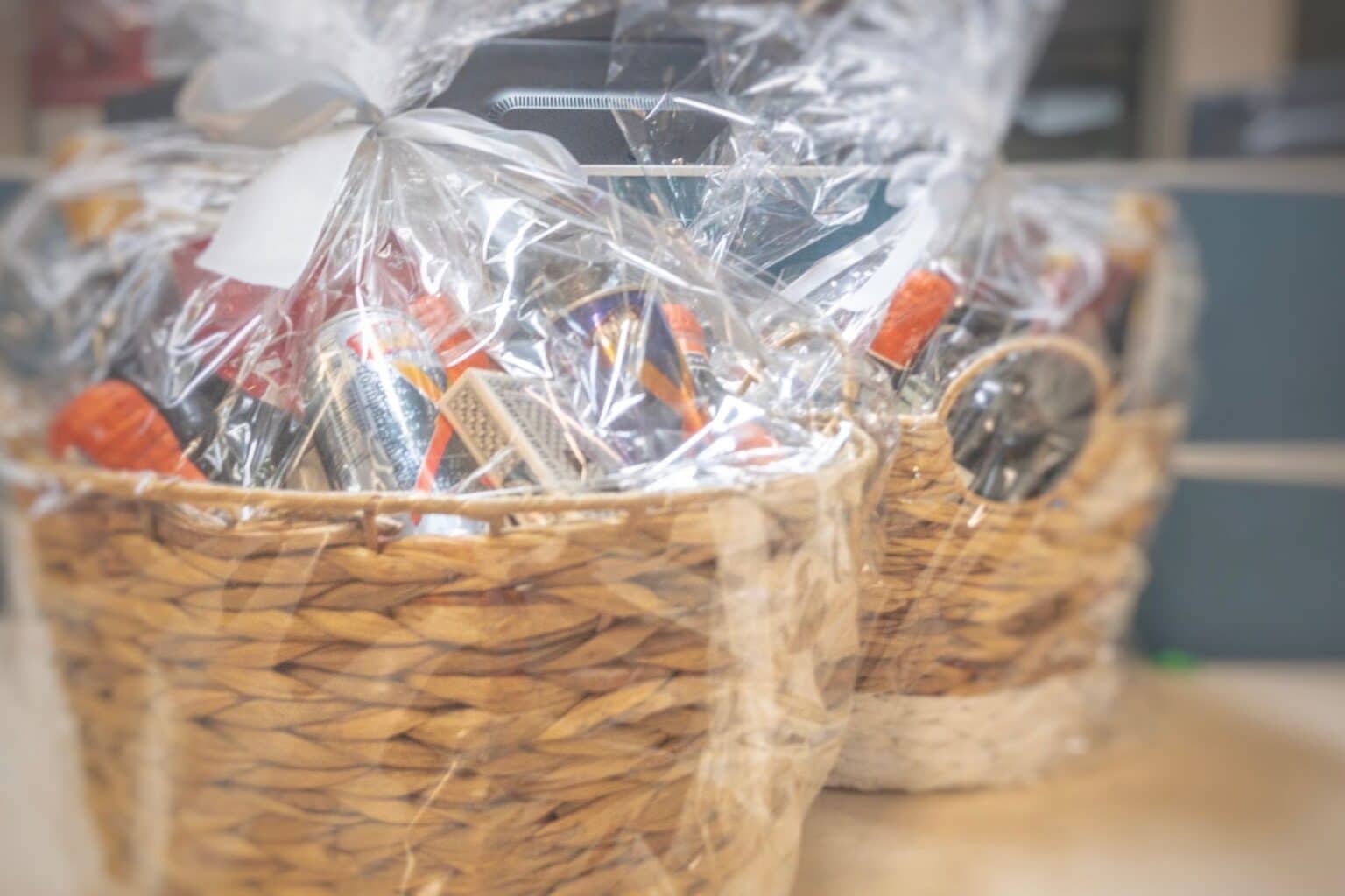 Prepared gift basket with assorted items inside
