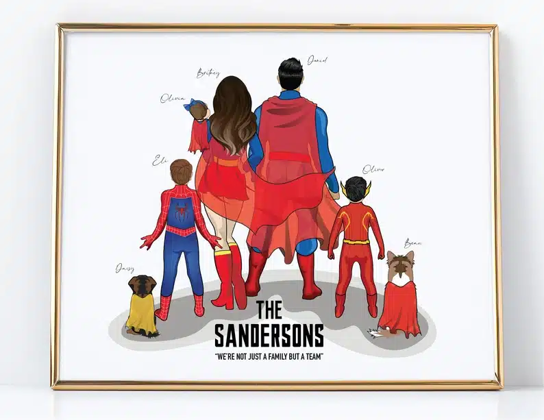 Custom superhero family, family of 5 backs dressed as superman, with two pets in caps as well. 