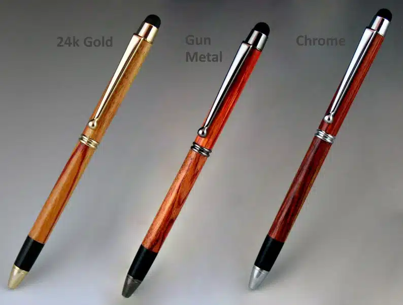Three touch screen stylus pens, one 24k gold, gun metal, and chrome. 