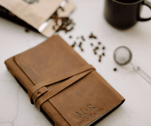 Brown leather personalized recipe book. 