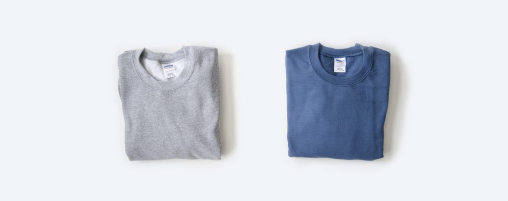 custom personalized sorority sweatshirt; grey and blue folded sweat shirts