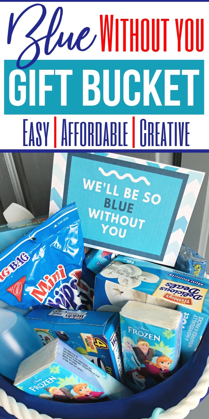 Give this Blue Without You Gift Basket Idea as a way to show how much someone means to you. An easy family and kid-friendly idea with a free printable gift tag. | DIY Presents for road trips | traveling with children tips and hacks | goodbye gifts | Deployment and Military gift ideas | Themed gift baskets for kids and for teens #giftbasket #giftideas #giftgiving #kids #teens
