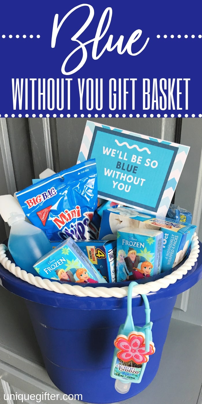 Give this Blue Without You Gift Basket Idea as a way to show how much someone means to you. An easy family and kid-friendly idea with a free printable gift tag. | DIY Presents for road trips | traveling with children tips and hacks | goodbye gifts | Deployment and Military gift ideas | Themed gift baskets for kids and for teens #giftbasket #giftideas #giftgiving #kids #teens