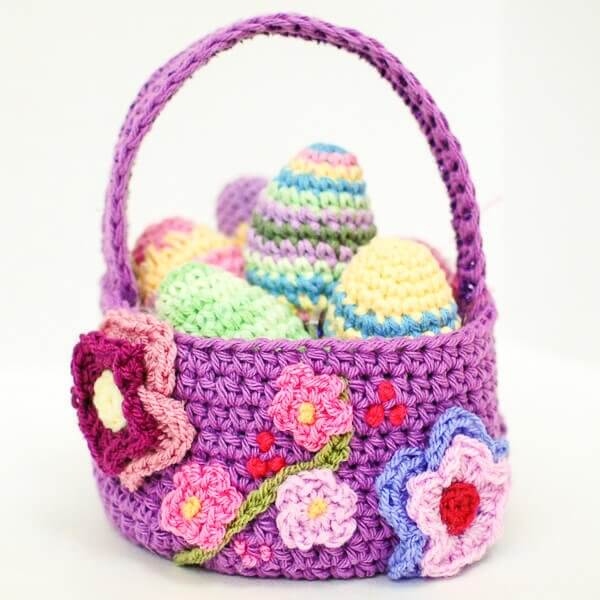 Purple crochet basket and crochet colorful Easter eggs 