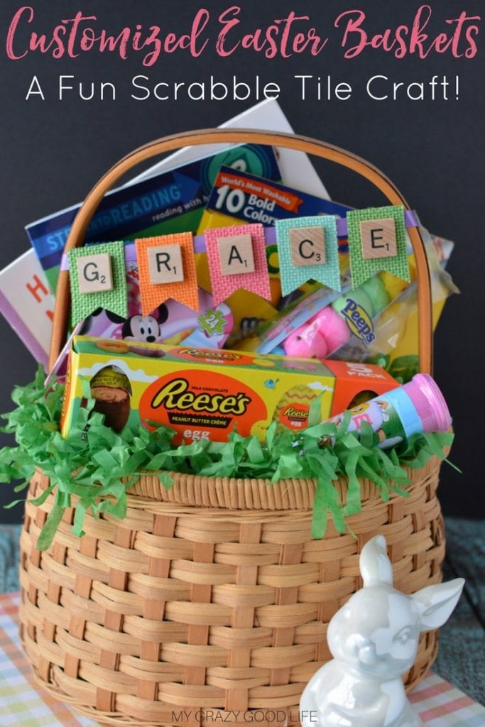 Basket full of Easter goodies, showing customized scrabble piece sign with the name GRACE. 