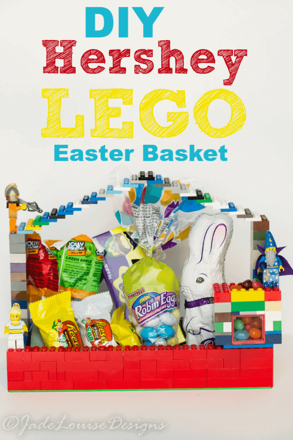 Red bricked Lego based Easter basket with various Lego pieces built as handle filled with Easter chocolate and little Lego figurines. 