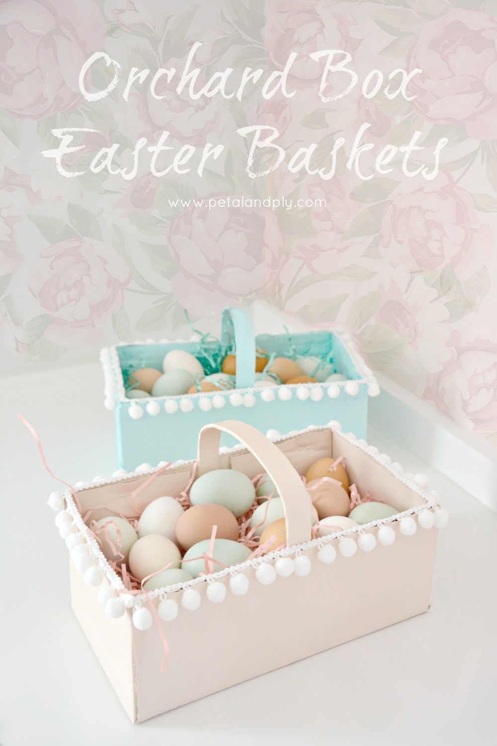 Pink box with handle, one light pink and one light blue both filled with real eggs. 