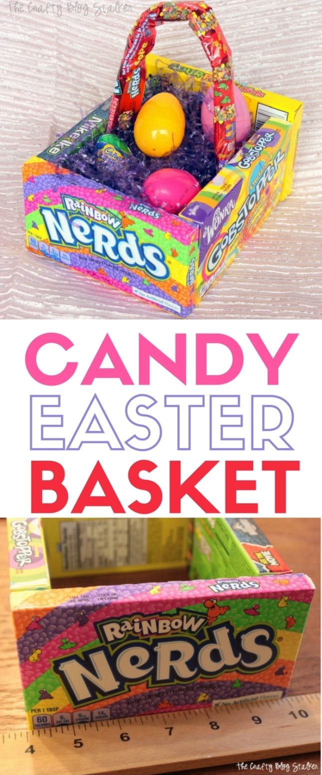 four boxes of Easter candy shaped into a square with candy nerds in wrapper as a handle, filled with plastic eater eggs. 