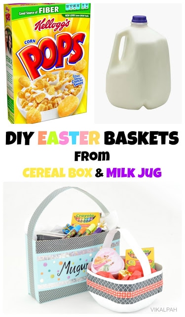 Kellogg's Pop cereal box, large 4L milk jug, and writing below that says "DIY Easter Baskets from cereal box & milk jug" below writing showing completed decorative baskets. 