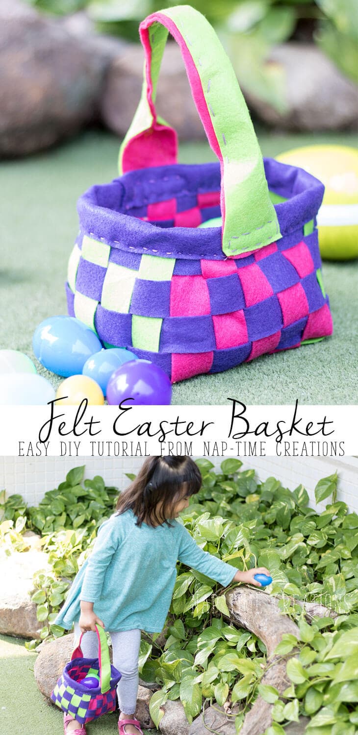 top of photo shows felt Easter Basket with green, purple, and pink felt. below a little girl Easter egg hunting while holding felt basket. 