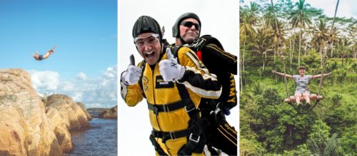 Adrenaline Junkie Gift Ideas Near Me - 3 panel image of cliff jumping, tandem skydiving and ziplining