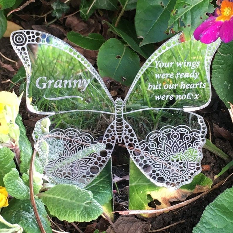 Personalized grave marker, clear butterfly. 