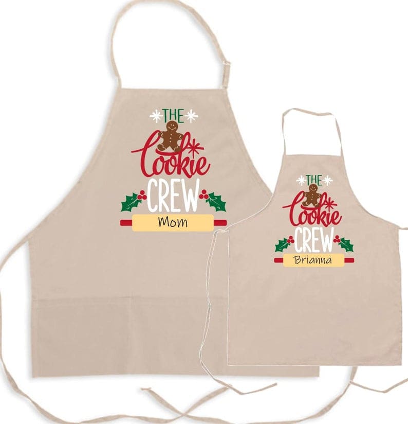 Top Gifts for the Mom of All Boys: Large apron with small apron both light grey that says The cookie crew.