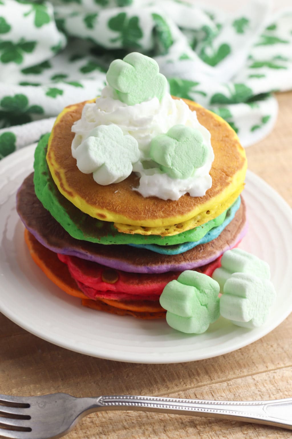 Close up of St. Patrick's day rainbow pancake stack