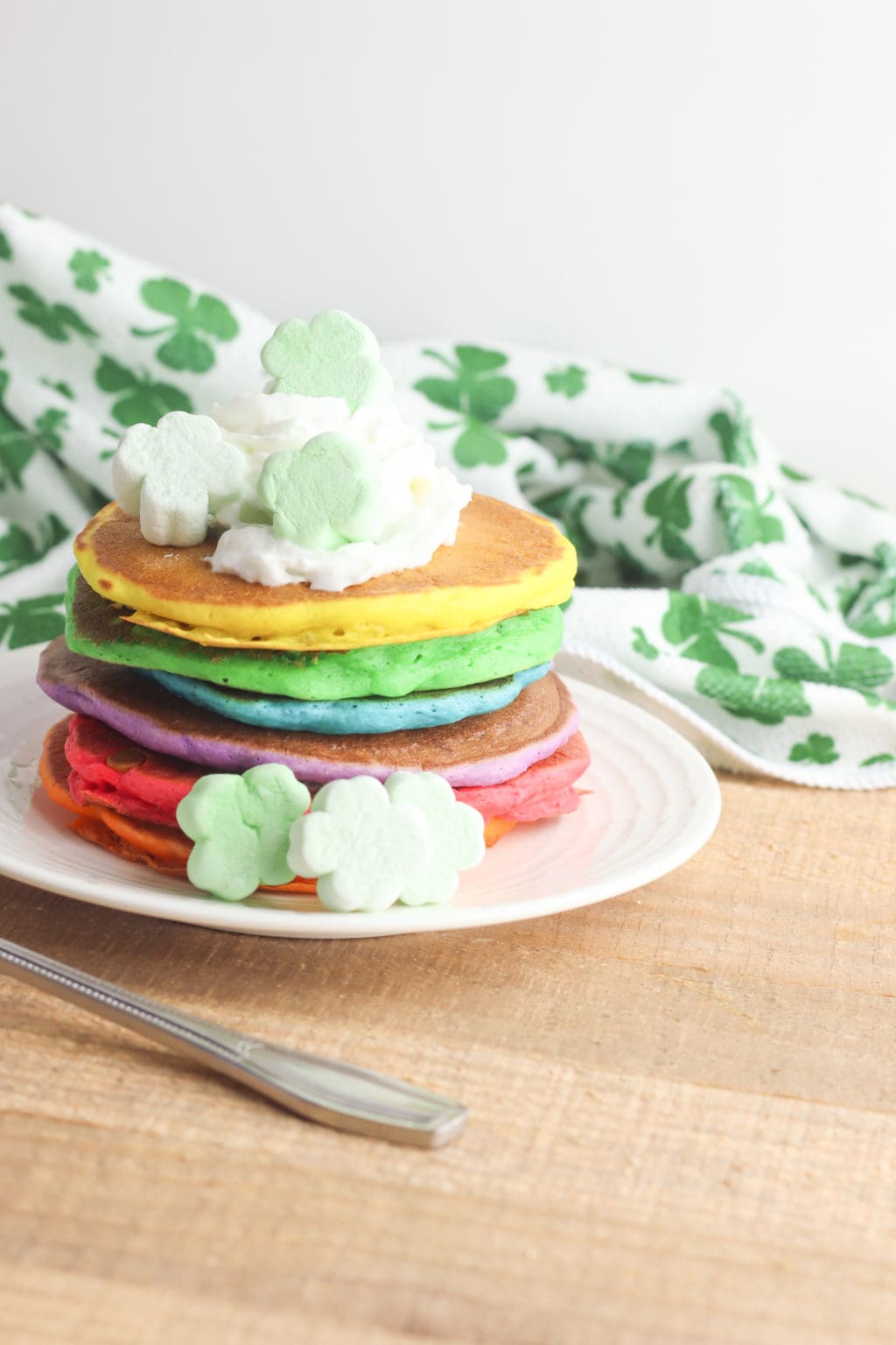 Finished St. Patrick's day rainbow pancake recipe in a stack