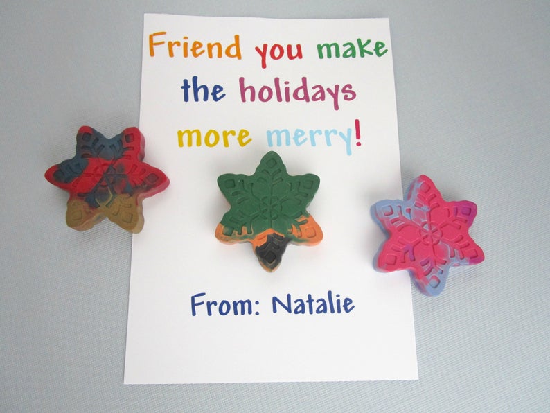 “Friend you make the holidays more merry” Card with Snowflake Crayon