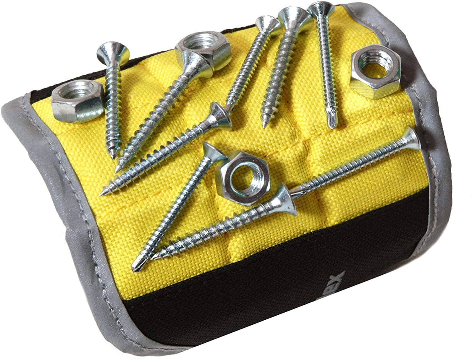 Yellow and black magnetic wristband with screws and bolts on it. 