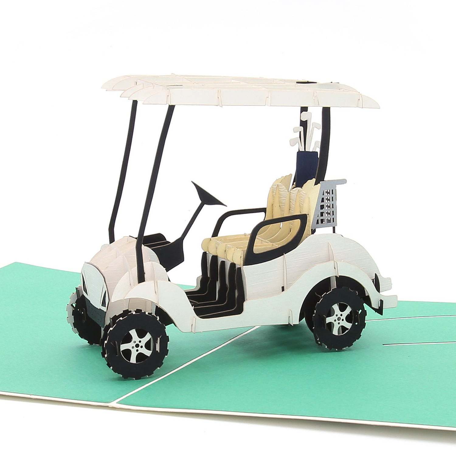 Best Father's Day Gifts for Older Dads - Teal colored card opened to show a 3D pop up of a white and black golf cart. 