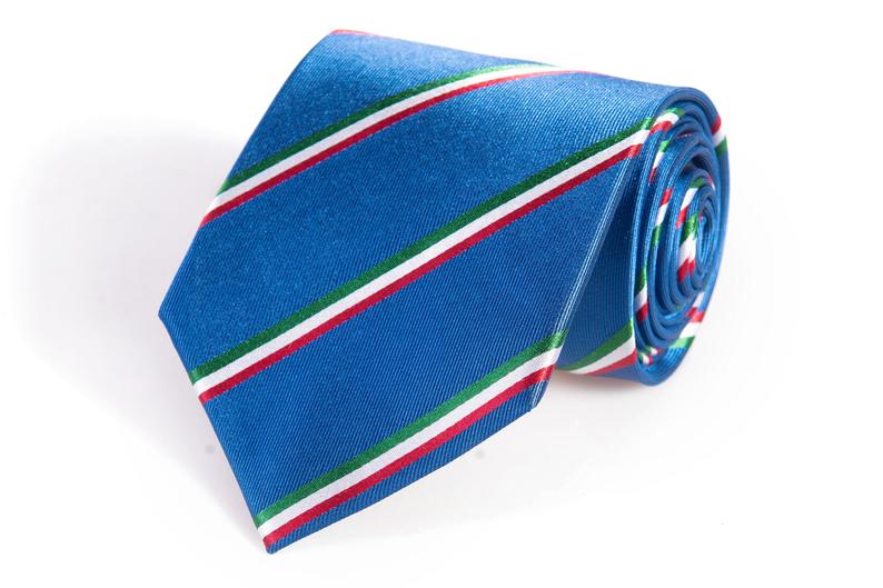Blue silk necktie with lines made to look like the Italian flag (Green, white, and red). 