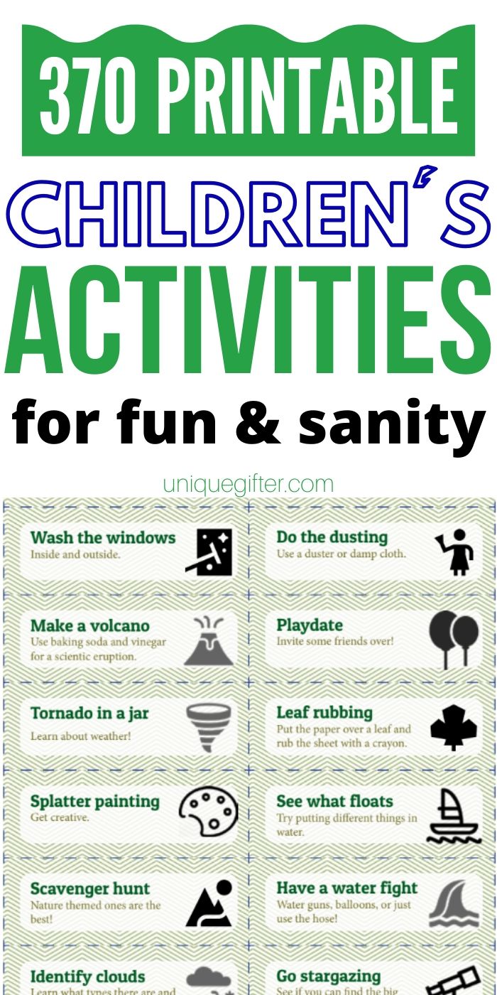 Fun indoor and outdoor kid's activity jar ideas to entertain children with activities. Free or very few supply ideas that don't involve many screens. Use these boredom busters to get your kids engaged and doing fun things. Includes STEM ideas, imaginary play and more. Play at home now with this printable of 370 games. PERFECT for kids ages 3-11. #kidsactivities #fungames