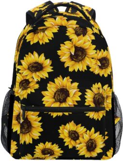 Black backpack with sunflowers all over it. 