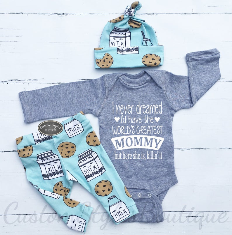 Adorable Baby Outfit, blue with milk and bookies on the hat and pants. 