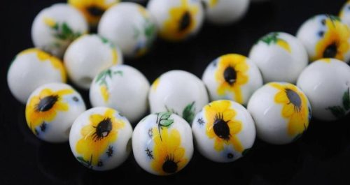 Ceramic Beads, 10-Piece white beads with sunflowers on them. 