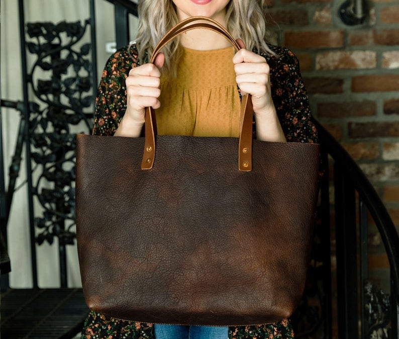 Leather tote bag rustic accessory for wifes anniversary 