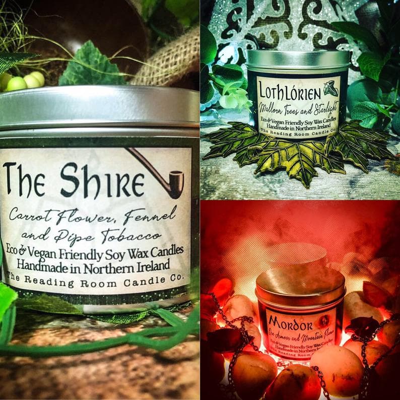 Middle earth candle collection, three differnt candles: the shire, lothlorien, and mordor.