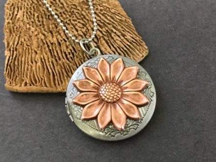 Rose Gold Locket - silver locket with a rose gold sunflower. 