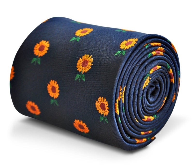 Navy blue tie with sunflowers allover it. 