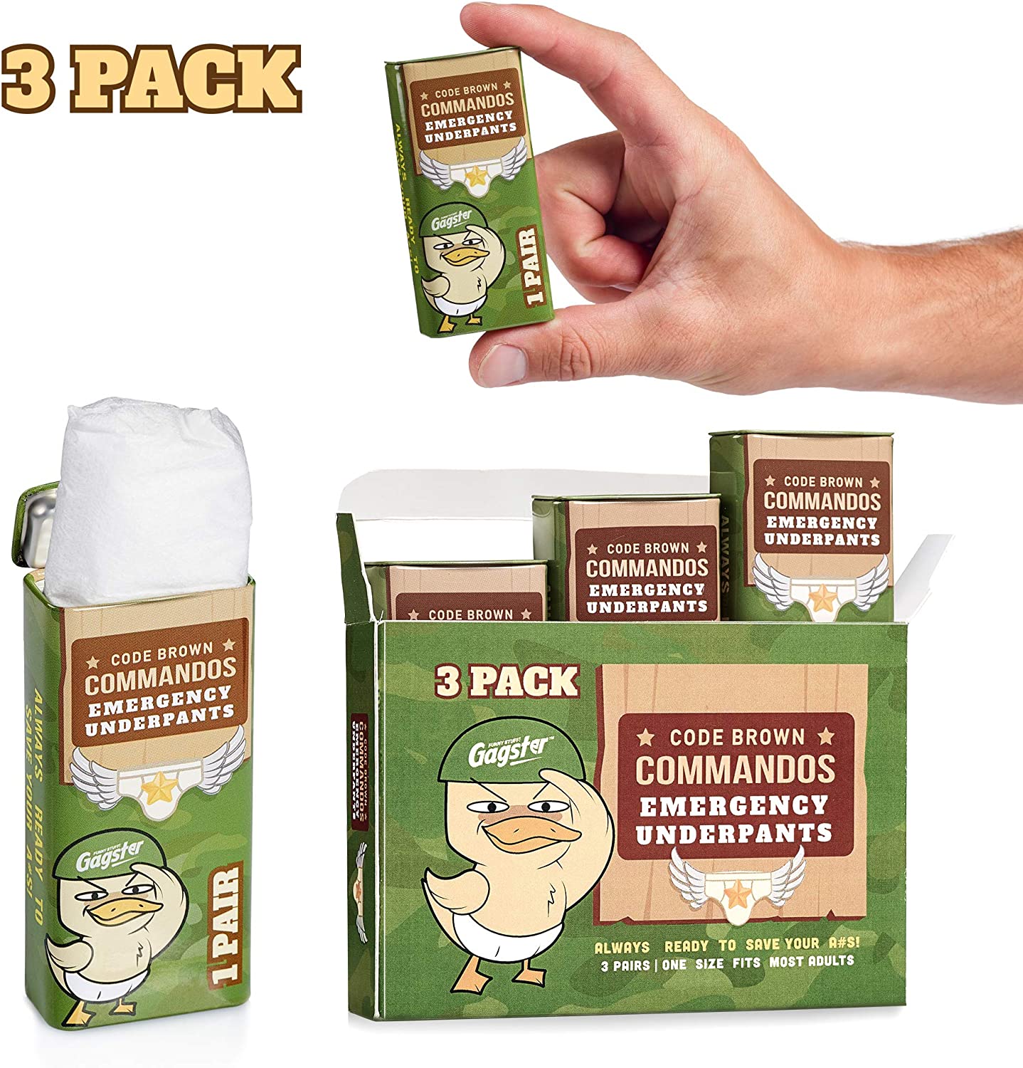 Emergency underpants with a yellow duck on packaging with army hat on and white underwear on. 