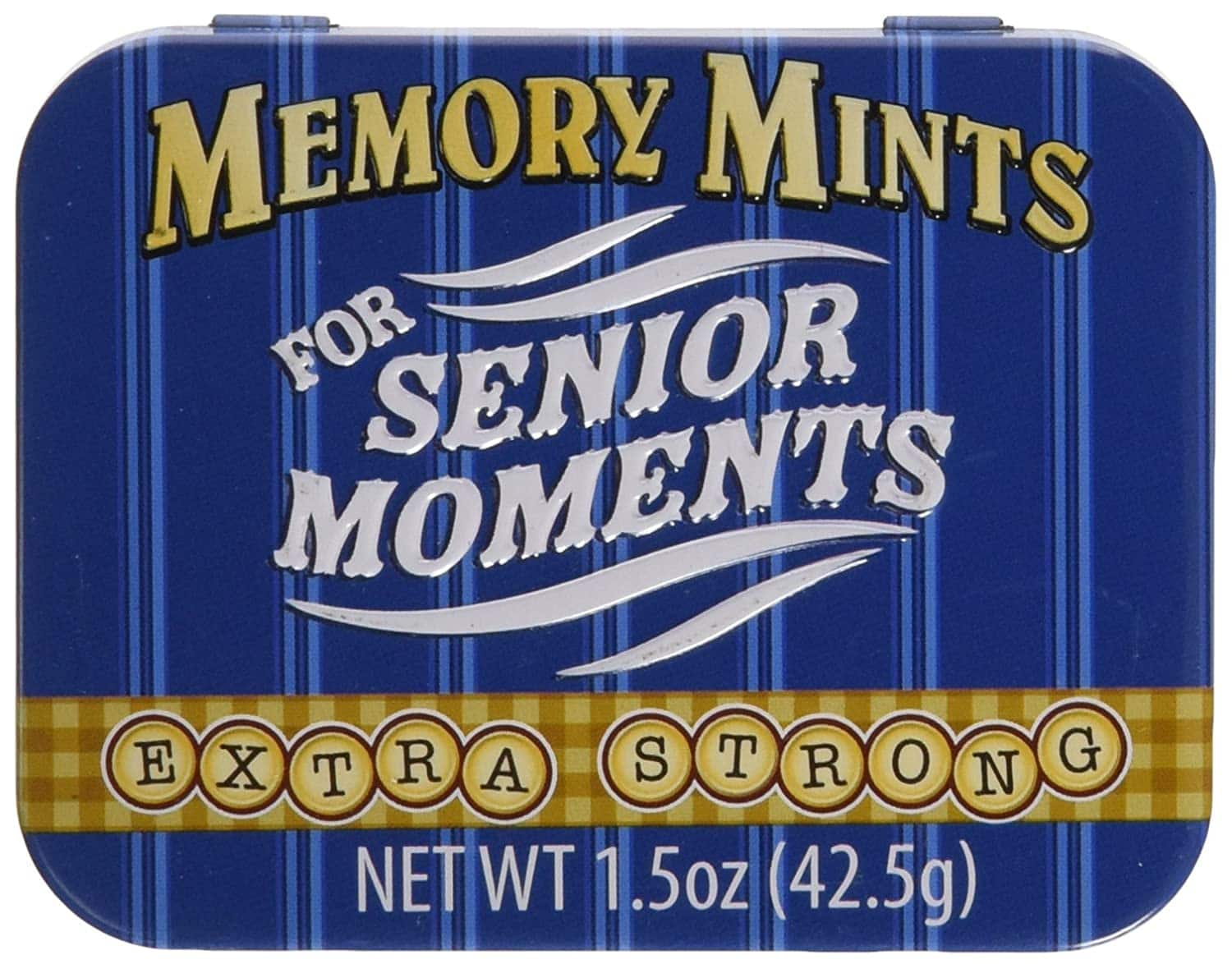 Blue mint tin that says memory mints for senior moments extra strong. 