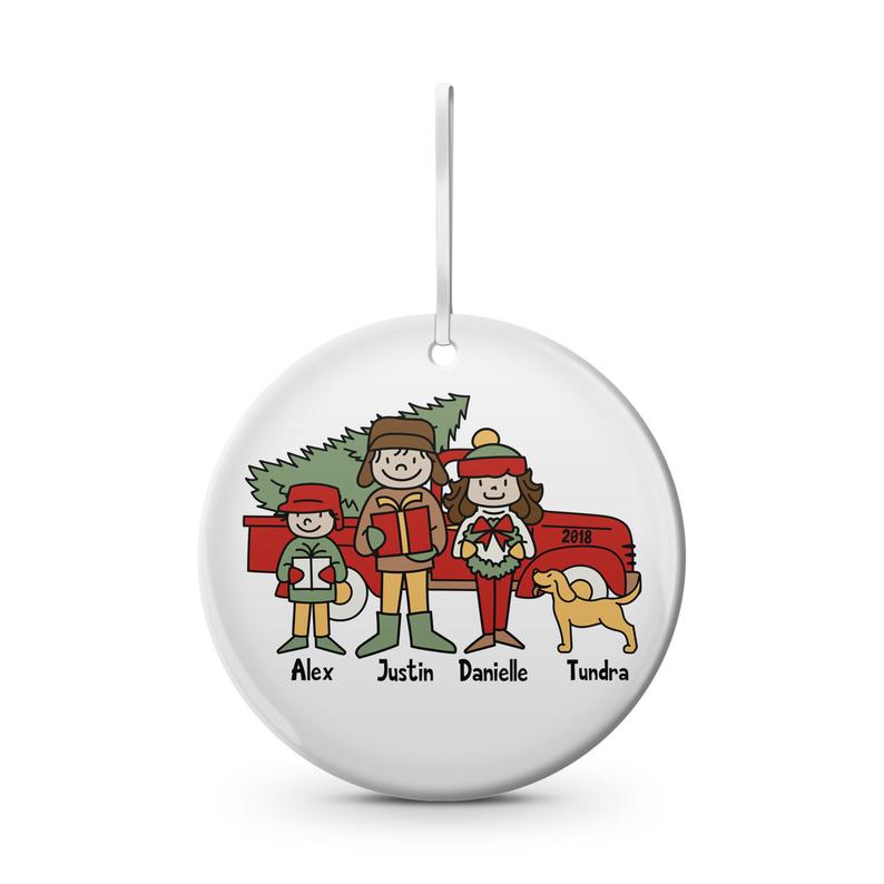 Custom family Christmas tree ornament with the members of the family on it and their names