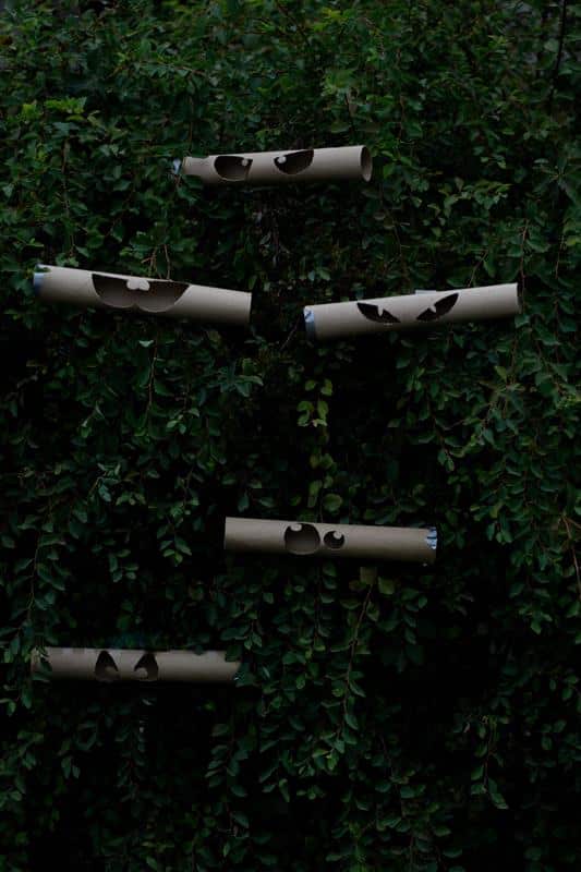 glowing paper towel roll monster eyhes hanging in bushes 